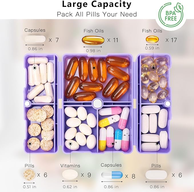 FYY Daily Pill Organizer, 7 Compartments Portable Travel Pill Case, [Folding Design] for Purse Pocket to Hold Vitamins,Cod Liver Oil,Supplements and Medication-Purple