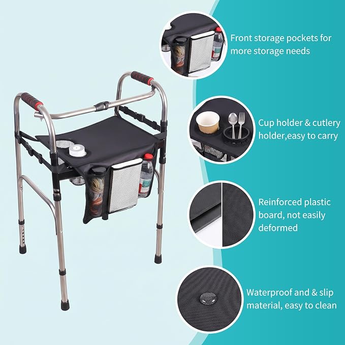 Walker Tray for Folding Walker, Tray for Walkers for Food, 3 Front Pockets & 2 Cup Holders, Fits Most Standard Rolling Folding Walkers, Walker Accessories for Senior, Black