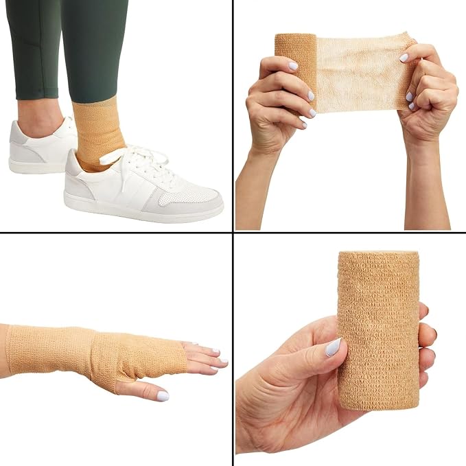 Juvale Bandage Wrap - 4 in x 5 yd, Tan, 6 Rolls - Self Adherent Cohesive Tape & Elastic Support - Breathable Vet Wrap & Medical Tape for Sports & Tattoo (Pack of 2)