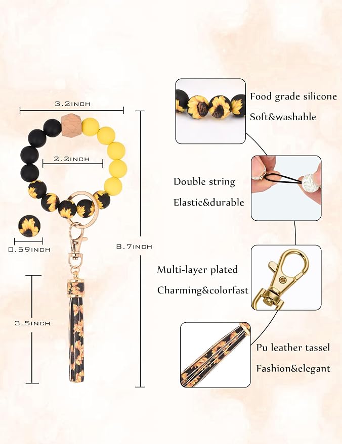 BAOSIWA Silicone Beaded Bracelet Keychain Wristlet Key Ring Bangle Chains for Women with Leather Tassel