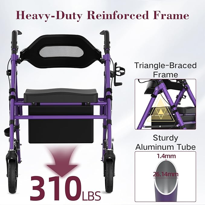 Walkers for Seniors, Foldable Rollator Walker with Seat, 8" Big Wheels, Lightweight Rollator Walker with Ergonomic Backrest, Adjustable Handles and Seat Height, 310 Lbs Weight Capacity, Purple