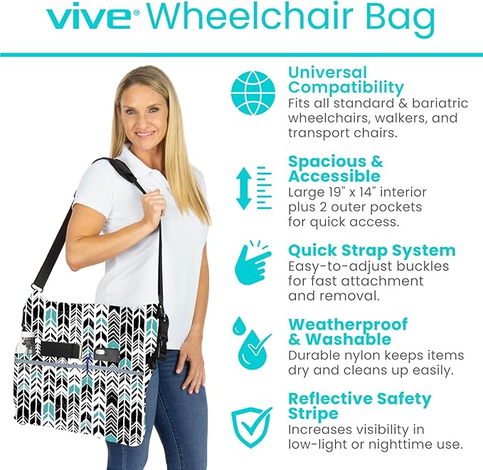 Vive XL Wheelchair Accessories Bag - Waterproof, Scratch-Resistant, Double-Stitched, Machine Washable for Adults, Seniors, 15 Colors - Storage Walker Backpack to Hang on Back