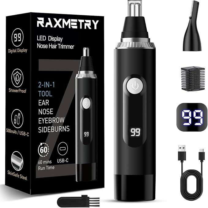Nose Hair Trimmer for Men and Women,2026 Professional Painless IPX7 Waterproof Eyebrow & Facial Hair Trimmer,USB Rechargeable with LED Display Dual-Edge Blades for Smoother Cutting,BlackSilver