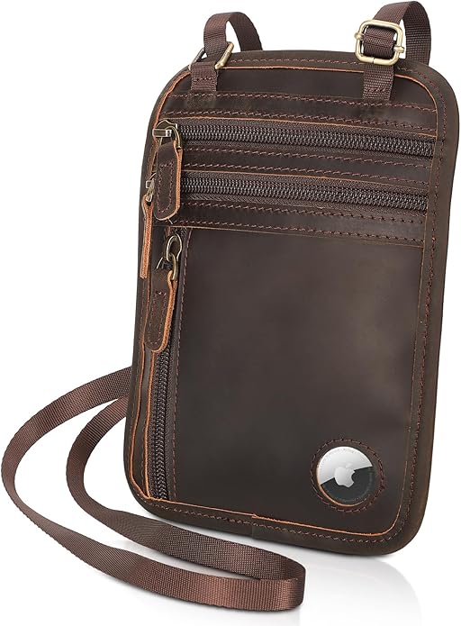 Polare Full Grain Leather Neck Wallet RFID Blocking Conceal Passport Holder Travel Pouch with AirTag Slot for Men