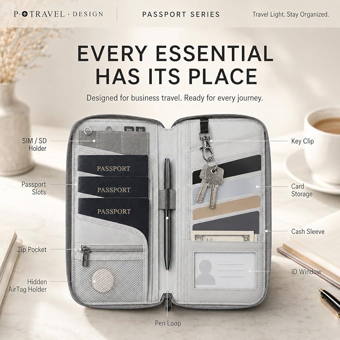 Family Passport Holder for 6, RFID Blocking Travel Wallet with AirTag Holder, Large Travel Document Organizer Pouch for Women Men with Neck Strap and Zipper Pocket