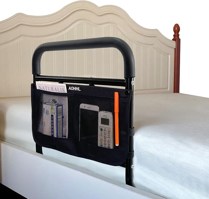 AOHHL Bed Rails for Elderly Adults Safety Adjustable Heights Storage Pocket Assist Support Side Railings for Seniors Citizens Slides Under Mattressbed Cane Bed Guard Bed Handles Bars (Black)