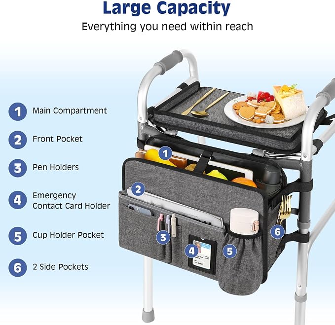 MoKo Walker Basket Bag with Tray, Upgraded Detachable Walker Tray for Folding Walkers with Non-Slip Mat, Large Storage Bag with Multi-Pockets and Cup Holder, Walkers Accessories for Senior, Gray