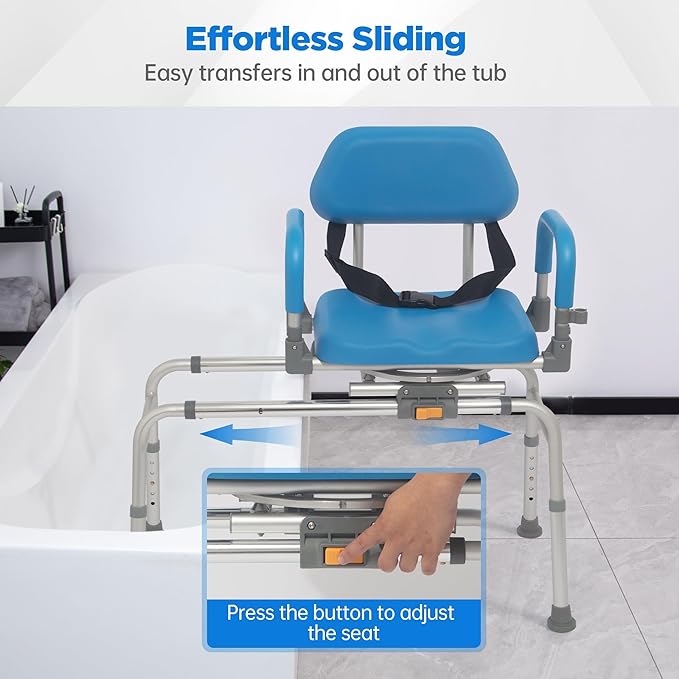 FSA/HSA Eligible Sliding Shower Chair with Swivel Seat, Rotating Tub Transfer Bench Shower Bench with Padded Seat and Backrest for Elderly and Disabled, Blue