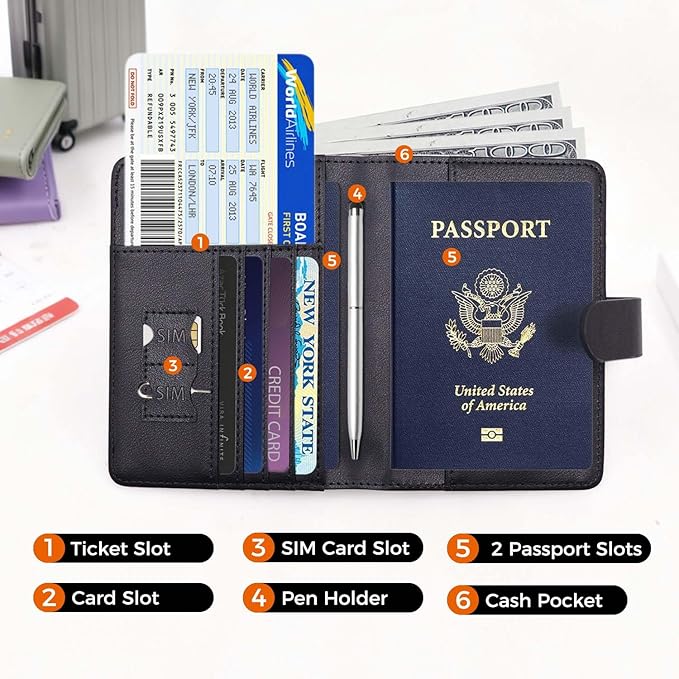 Melsbrinna Premium Leather Passport Holder Covers Case, Waterproof Rfid Blocking Travel Wallet Passport Holder with Pen Holder, Cute Passport Book for Women/Men