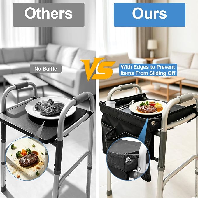 Walker Tray for Folding Walker, Removable Tray for Walker, Tray for Walkers for Seniors with Cup Holder, Fits Standard Walkers, Easy Assembly (Black)