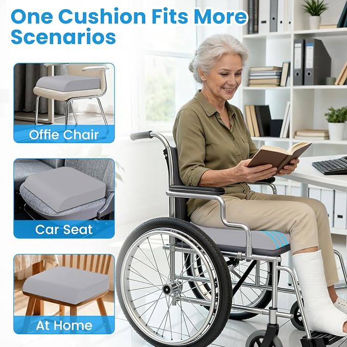 Wheelchair Seat Cushion for Pressure Relief, Cooling Gel Memory Foam Chair Cushion with Slope-Edge Design, Coccyx Support for Tailbone Pain, Non-Slip, for Wheelchairs, Office Chairs, Light Grey