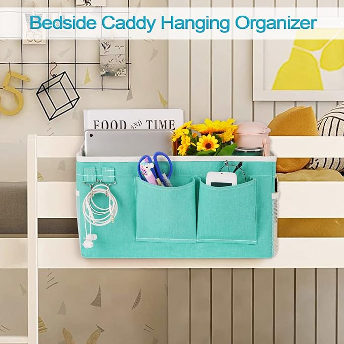 Bedside Caddy, Bedside Storage Bag Hanging Organizer for Bunk Dorm Bed Rail | Bed Caddy with Hooks, Top Bunks and Dorm Essentials for Water, Tissues, Tablets, Books, Phones, Remotes and Other Necessories