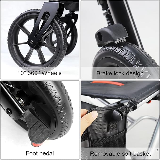 WALK MATE Rollator Walker for Seniors Taller 5.3~7ft with Height-Adjustable Seat, 10 Inch Wheels Wire-Hidden Walkers Compact Folding Design Lightweight Mobility Walking Aid Widen Backrest, Silver