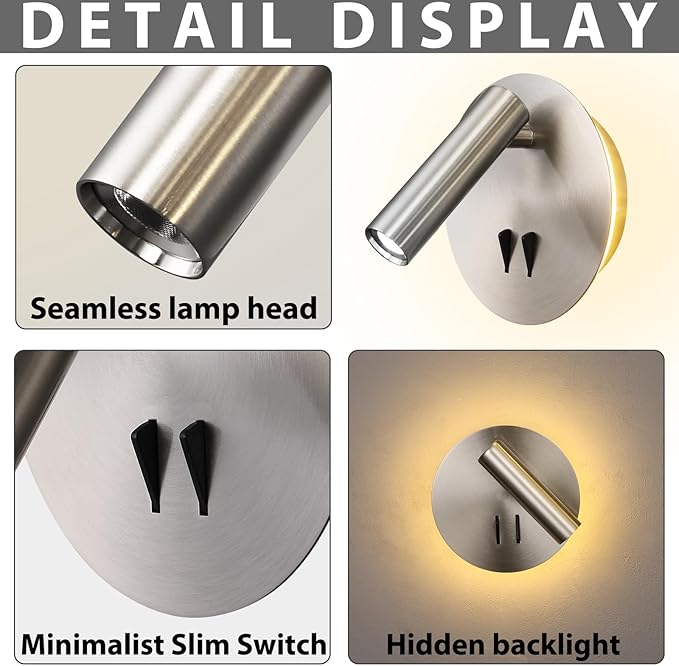 Round Wall Mount Reading Light for Bed Bedside, Modern Hardwired Sconce with on off Switch for Bedroom, Brushed Nickel Wall Sconce Mounted Beside Reading Lamp, Decorative Wall Night light (Silver)
