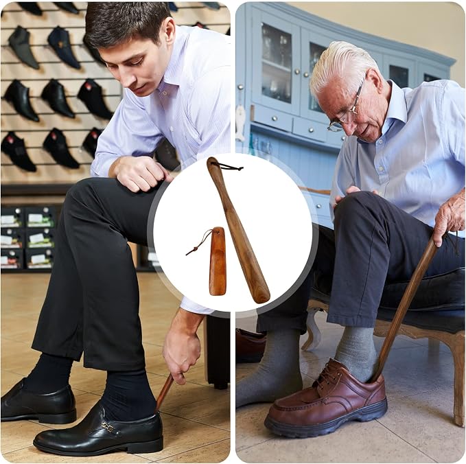 2 Pcs Wood Wear Shoe Horn Helper Long and Short Shoe Horn Handle for Seniors Men Women Pregnancy