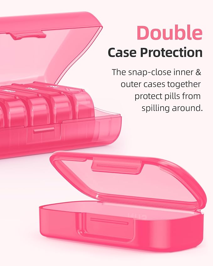 PULIV Weekly Pill Organizer with Large Capacity, Dual Protection Pill Box 7 Day, Arthritis Friendly Pill Case Easy to Open, Medicine Organizer for Vitamins, Medications, Fish Oils, Supplements (Pink)