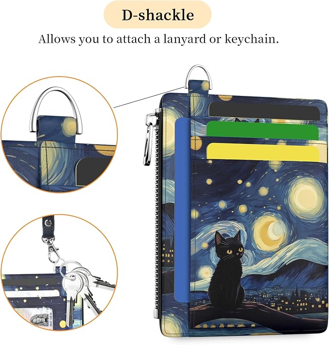 Hancynir Black Cat Slim Wallet Women Credit Card Holder, RFID Small Cute | Zipper Pocket Wallet, Thin Travel Coin Purse, Ladies Women Gifts, Minimalist Card Case, 6 Card Slots, ID Window, PU Leather