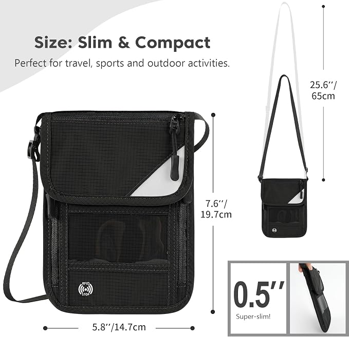 XIEEAOZEE Passport Holder, RFID Blocking Travel Wallet for Women & Men, Slim & Light Waterproof Neck Pouch, Hidden and Secure Passport Wallet (Black)