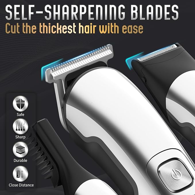 Ufree Beard Trimmer for Men, Waterproof Electric Razor, Grooming Kit | Stainless steel blades, six interchangeable heads, wet and dry use, USB rechargeable, for face body nose ear trimming, silver