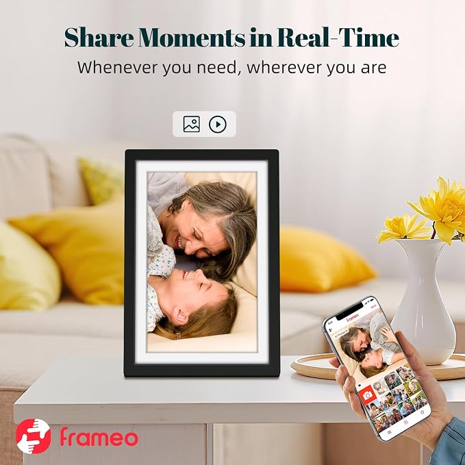 Frameo Digital Photo Frame WiFi Matte Black Frame 10.1 Inch Picture Frame with 1280x800 HD IPS Touchscreen, Built-in 32GB, Send Photo Video via Frameo App/USB/SD, Gifts for Women Men