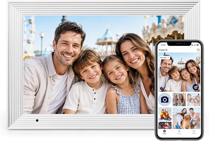 AEEZO Digital Picture Frame, 10.1'' WiFi Electronic Photo Frames with 32GB Memory, 1280 * 800 IPS HD Touch Screen, Auto-Rotate Easy Setup via AiMOR APP, Gifts for Parents and Grandparents White