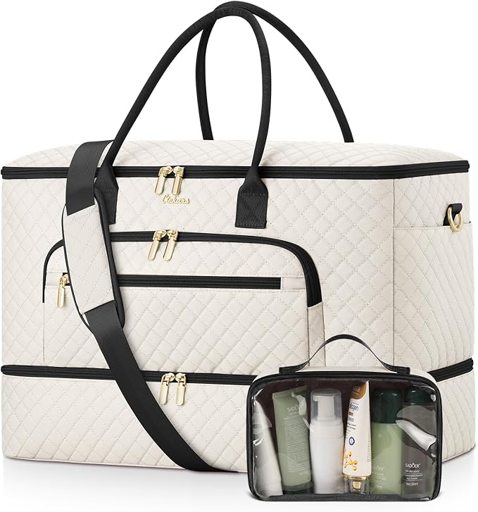 Travel Duffle Bag, Wide Open Large Weekender Bag for Women with Shoe Compartment, Carry on Overnight Bags with Toiletry Bag, Hospital Bag for Women Labor Delivery with Wet Pocket (Beige Black)
