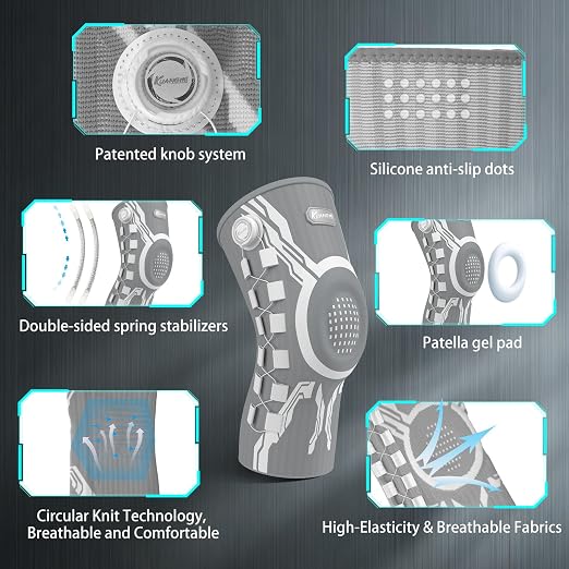 Kuangmi Knob Knee Brace for Pain Relief, Knee Support with Patella Gel Pad & Side Stabilizers, Compression Knee Sleeve for Workout, Arthritis, Joint Pain, Meniscus Tear (Gray White,Right,Large,Single)
