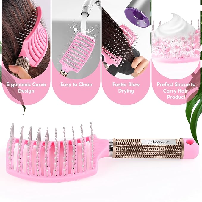 Bsisme Hair Brush, Curved Vented Brush for Faster Blow Drying, Professional Styling Hair Brushes for Women and Men, Paddle Detangling Brush for Wet Dry Curly Thick Straight Hair, Pink | Professional Styling Hair Brushes for Women, Men & Kids, Paddle De...