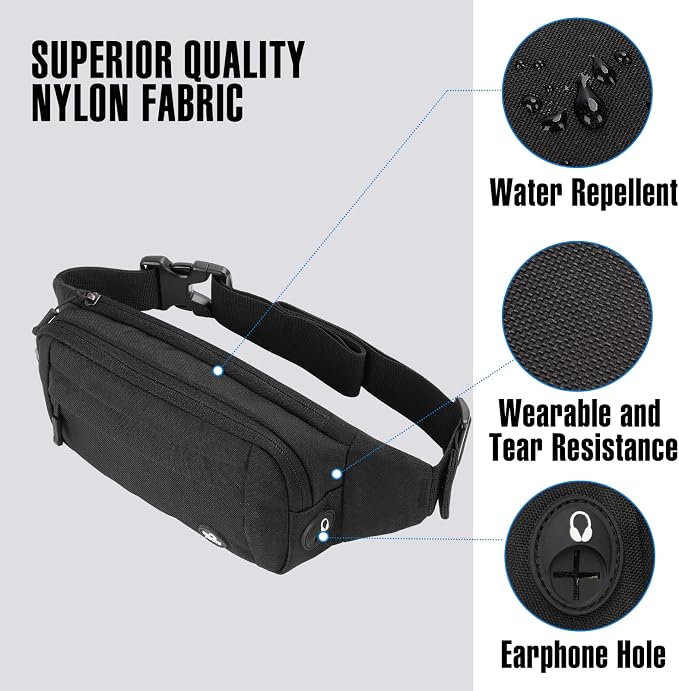 WATERFLY Small Fanny Pack Crossbody Lightweight Waist Bag for Woman Man | Adjustable extender strap, Slim compact, Water-resistant durable material, Breathable back pad, Multi-scene for travel, daily