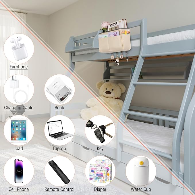 Bedside Caddy Organizer 5 Pockets and 4 Hooks for Bunk Bed Beige | Hanging Storage Bag for Headboards