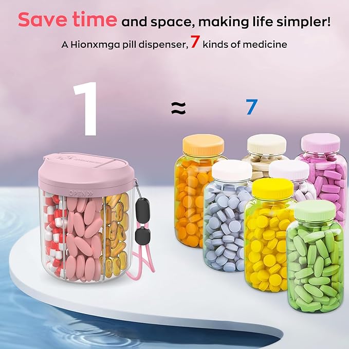 Pill Dispenser with 7 Large Compartments, Pill Bottle Organizer for Travel, Supplement Organizer with Anti-Mixing Design, BPA-Free Pill Container with 20 Pcs Labels, Pink