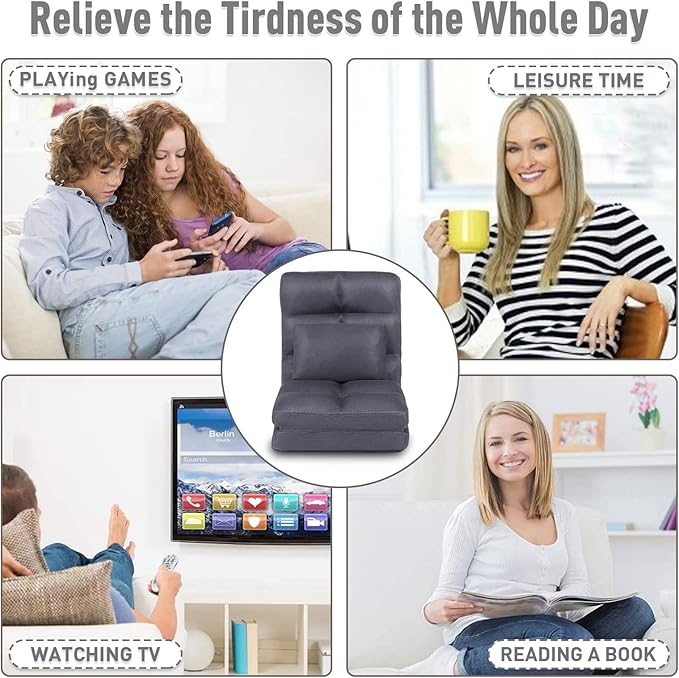 Indoor Chaise Lounge Sofa, Floor Chair with Back Support for Adults, 14 Angle Adjustment Recliner Chair, Folding Floor Lounger with Pillow 8823(Grey-2)