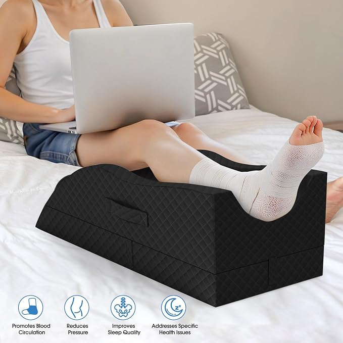 TranquilRelax Elevation Pillows for Leg After Surgery, Memory Foam Adjustable Wedge Pillow for Injury or Rest, Ankle Pillow for Sleeping Blood Circulation, Full-Black/Single Leg