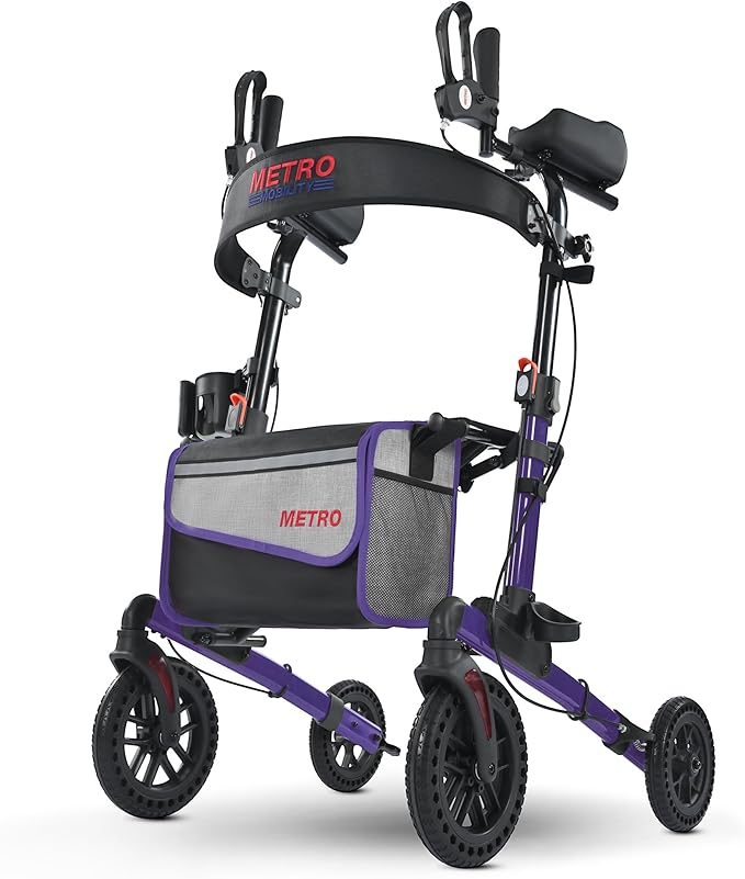 Metro Mobility Rollator Walker with Seat for Seniors, Foldable Lightweight Rolling Walker, 10" Big Front Shock-Absorbing Honeycomb Wheels for All Terrain, 300 lb. Weight Capacity, Purple