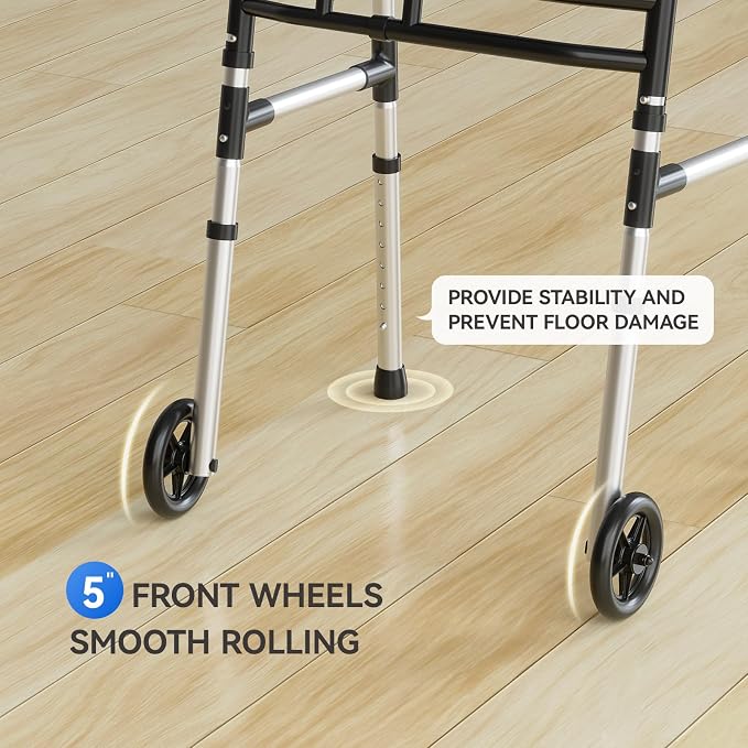 Loyoda Folding Walkers for Seniors Adjustable Aluminum Front Wheel Walker | 5" Wheels, Trigger Release Folding, Height & Width Adjustable, Lightweight Standard Walker, 350 lbs Capacity, Silver