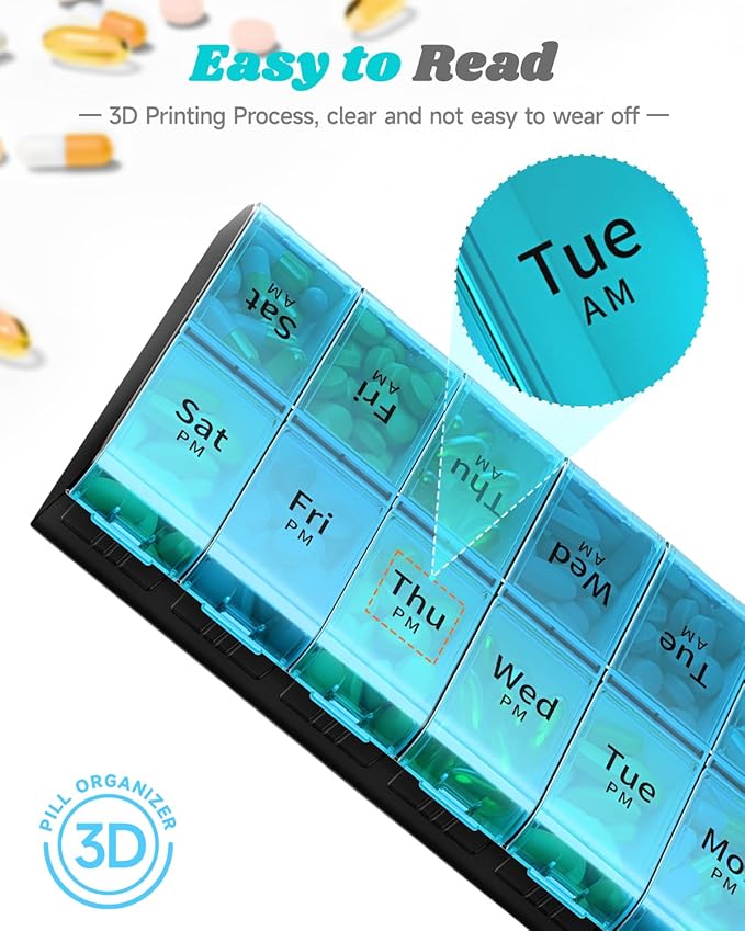 7 Day Extra Large Pill Organizer 2 Times a Day, Weekly Pill Box Twice a Day, XL AM PM Pill Case, Oversized Daily Medicine Organizer for Vitamin, Big Pill Container (Cyan)