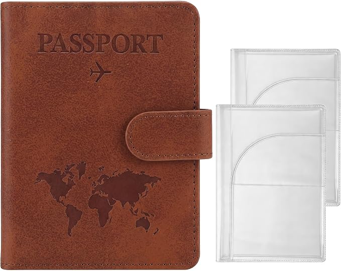3-Pack Passport Holder + 2 PVC Covers, RFID, PU Leather(Brown) | Waterproof,scratchproof, dustproof. Lightweight, slim. Keeps cards & travel docs organized for men & women