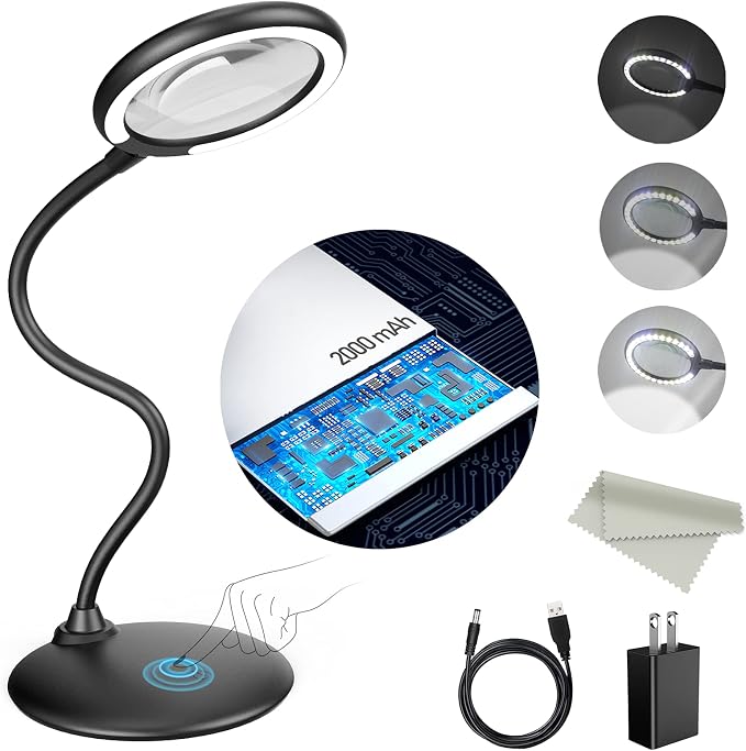 5X Rechargeable Magnifying Glass with Light and Stand, Raweao Dimmable Lighted Magnifying Lamp Glass for Reading, Close Work, Hobbies, Crafts