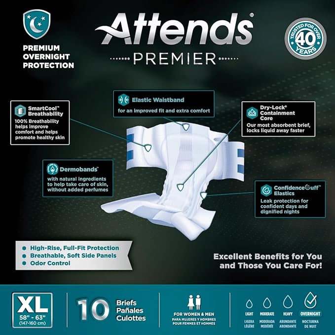 Attends Premier Adult Disposable SmartCool® Briefs, X-Large, 58-63" High-Rise Waist Tab Closure, Premium Overnight Dry-Lock Protection, Odor Control, 10ct Bag
