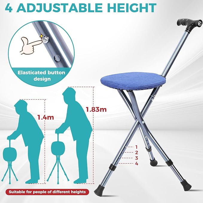 Portable Adjustable Folding Walking Cane with Seat and Cushion，Cane seat for Seniors with Magnetic Massage Handle, Lightweight Walking Cane with LED Light，Supports up to 330 Pounds