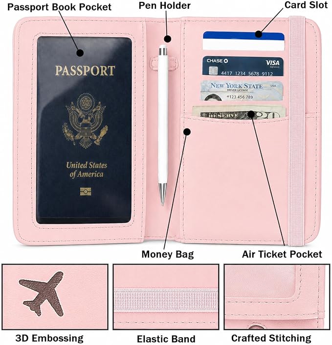 RFID Blocking Passport Holder for Travel – PU Leather Waterproof Lightweight Passport Cover Wallet for Women Men, Travel Organizer with Card Slots for Airline Tickets & Passport Book, Pink