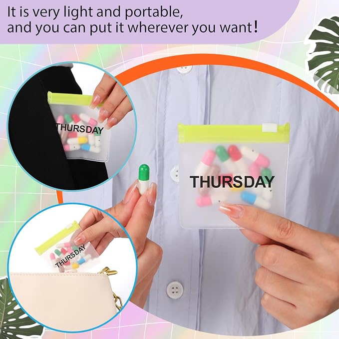 Sherr 35 Pcs Pill Pouch Bags with Zipper Pill Pouch Set Travel Reusable Translucent Medicine Organizer Self Sealing Plastic Bag with Slide Lock for Storage(Elegant Colors,3 x 3 Inch,Week Style)