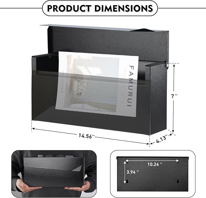KYODOLED Wall-Mount Mailbox, Large Capacity Mail Box, Mailboxes for Outside, Galvanized Steel Rust-Proof Metal Post Box, 14.56" x7" x4.13" Black