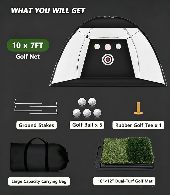 Golf Net: 10x7FT Practice Net with Mat – for Chipping, Swing & Driving Practice –Golf Nets for Backyard, Indoor & Outdoor Use – Ideal Gifts for Men, Women, Dad, Husband, Golfers