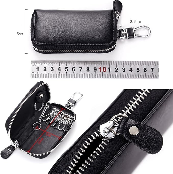 WESTONETEK Unisex Mens Womens Premium Leather Car Key Holder Bag Keychain Case Wallet with 6 Hooks Zipper Closure