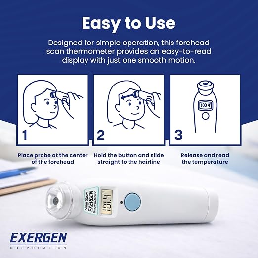 Exergen TAT-2000C Temporal Artery Forehead Thermometer for Baby Kids Adults | Displays Temperature Reading, Soft Glow, Silent Mode, Wipe Clean Sensor, 8 Reading Memory, 9V Battery Included for Family Use