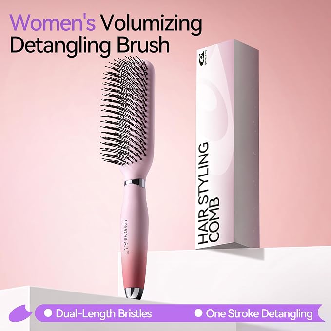Detangling & Styling Hair Brush for Women Men, Wet& Dry Detangler Hairbrush | Dual-Length Nylon Bristles for Straight to Curly Hair Types, Eliminates Knots & Reduces Breakage, Pink Gradient
