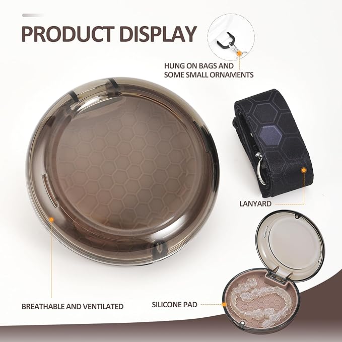 Retainer Case with Lanyard Slim Aligner Case with Vent Holes Retainer Removal Tool and Brush Compatible with Night Guard(Clear Brown with Lanyard)