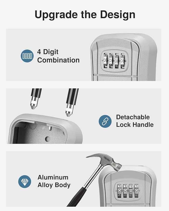 Puroma Key Lock Box Outdoor 4 Digit Code Combination Lockbox House 1 Silver | For Contractors Guest Realtor Storage Keys, Portable, Home Wall Mount, Resettable, Combination, Weatherproof, High-capacity