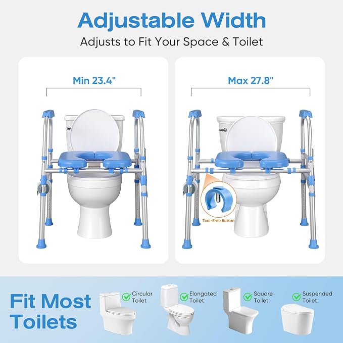 Heavy Duty Toilet Seat Riser for Seniors, Anti-Wobble Standalone Raised Toilet Seat with Handles, Adjustable Padded Commode Safety Frame for Bariatric, Handicap & Surgery Recovery